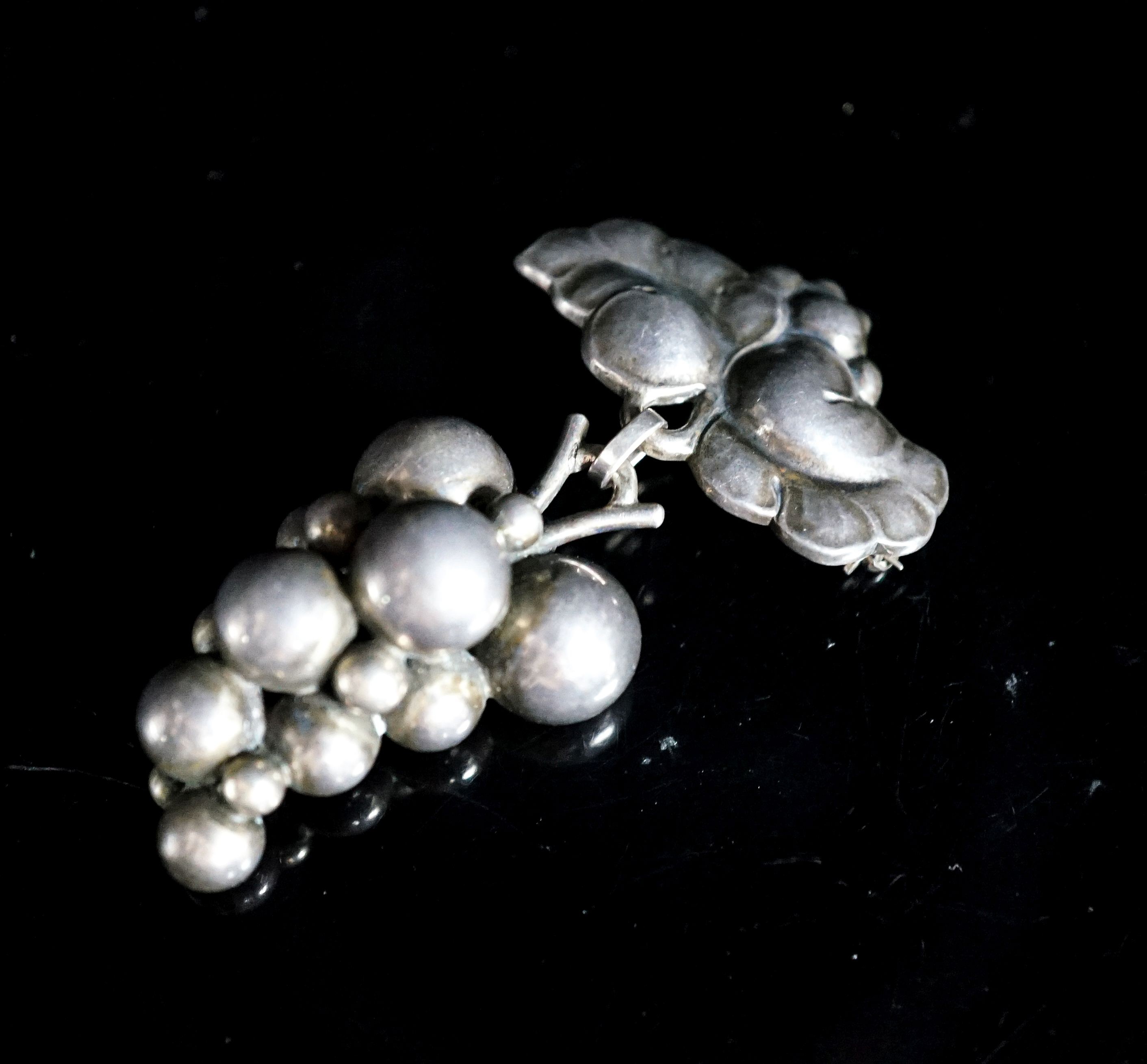 A Georg Jensen sterling 'bunch of grapes' DROP brooch, no. 217B, 66MM.